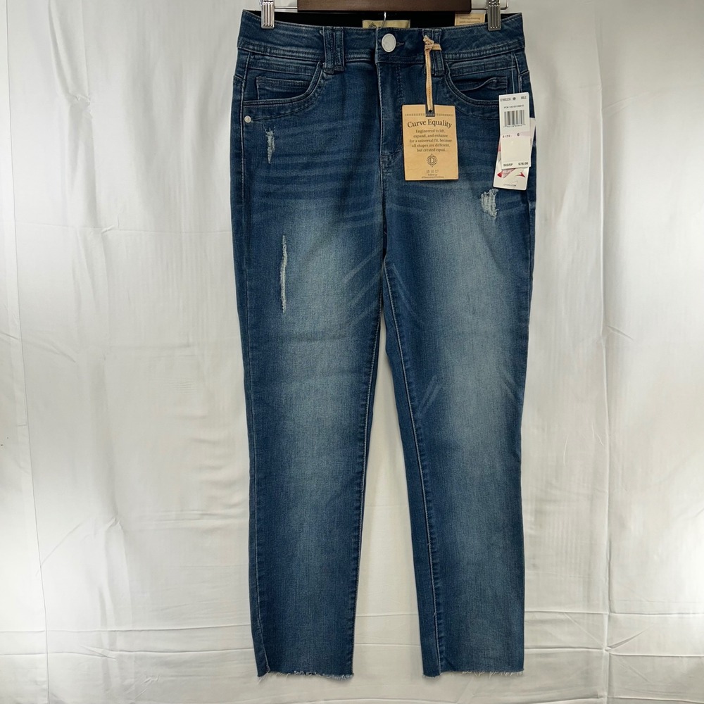 Democracy Ankle Jeans Womens 6 Blue High Rise Ab Solution Distressed Raw Hem